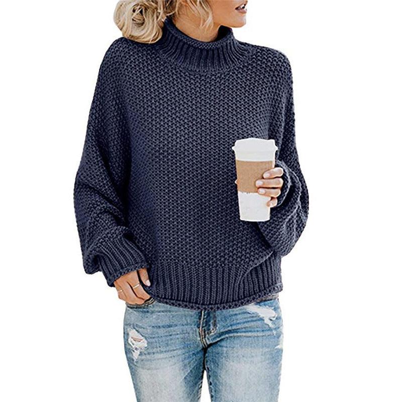 Cardigan Thick Thread Turtleneck Pullover Tibetan blue