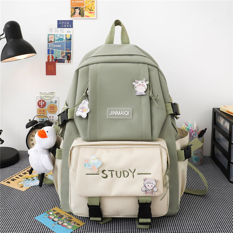 Campus Women's Fashion Canvas Backpack Green Bag And Pendant