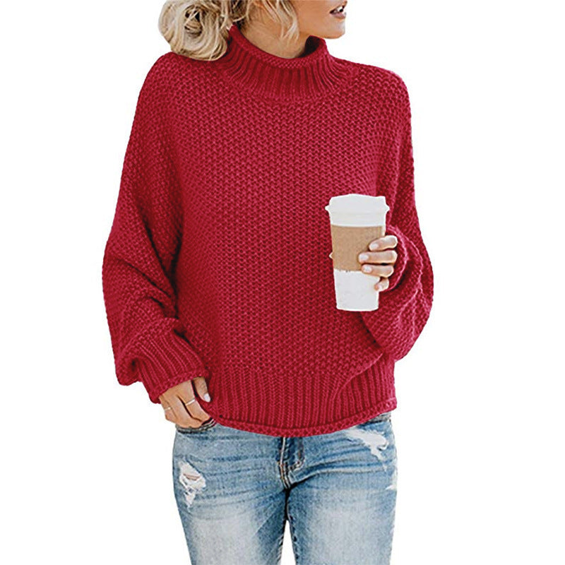 Cardigan Thick Thread Turtleneck Pullover Wine red