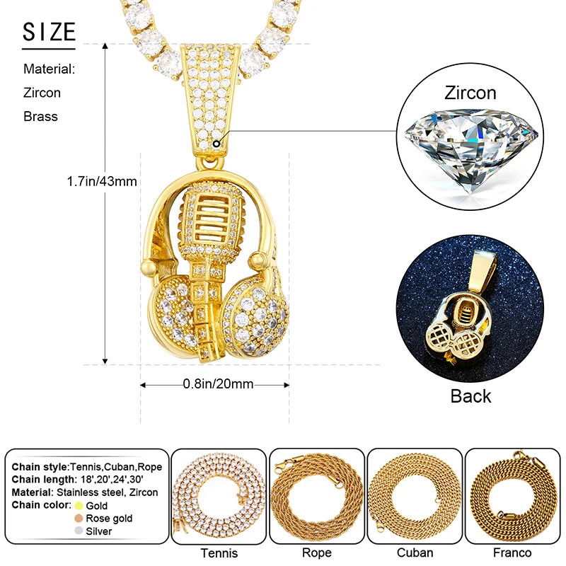 Iced Out Gold Plated Hip Hop Microphone Pendant Necklace for Music Lovers and Trendsetters White Gold