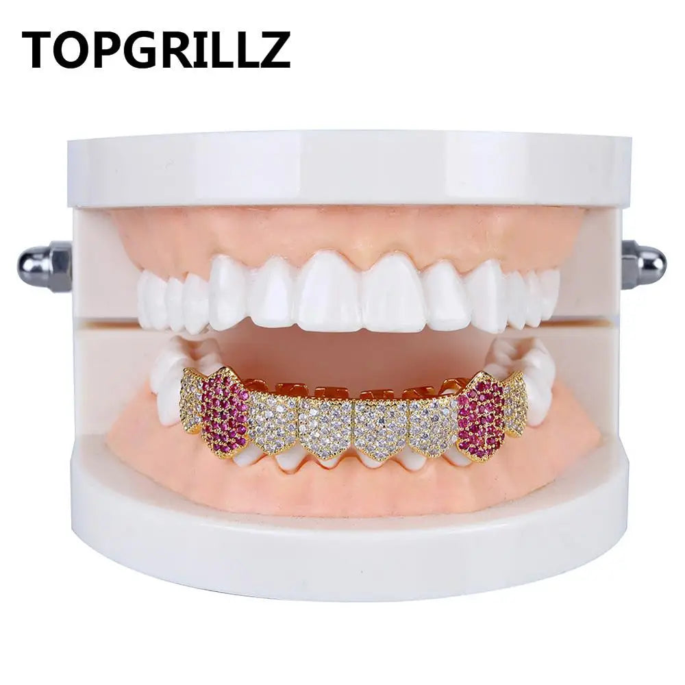 Hip Hop Grillz with Skeleton Design and Cubic Zirconia for Trendy Style Gold