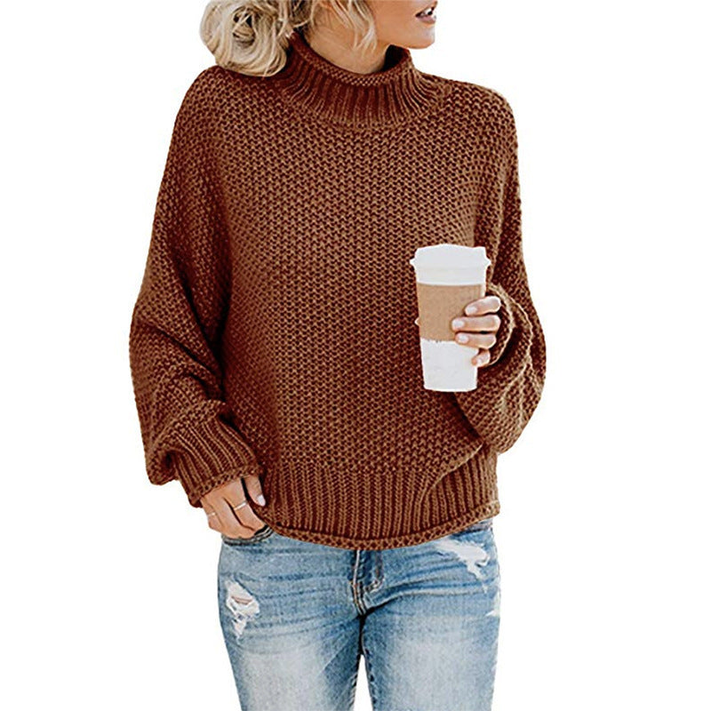 Cardigan Thick Thread Turtleneck Pullover Brick red