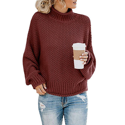 Cardigan Thick Thread Turtleneck Pullover Deep wine red