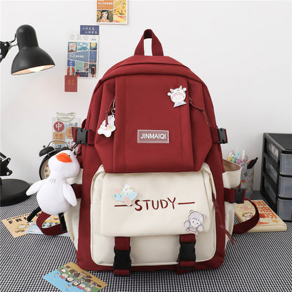 Campus Women's Fashion Canvas Backpack Red Bag And Pendant