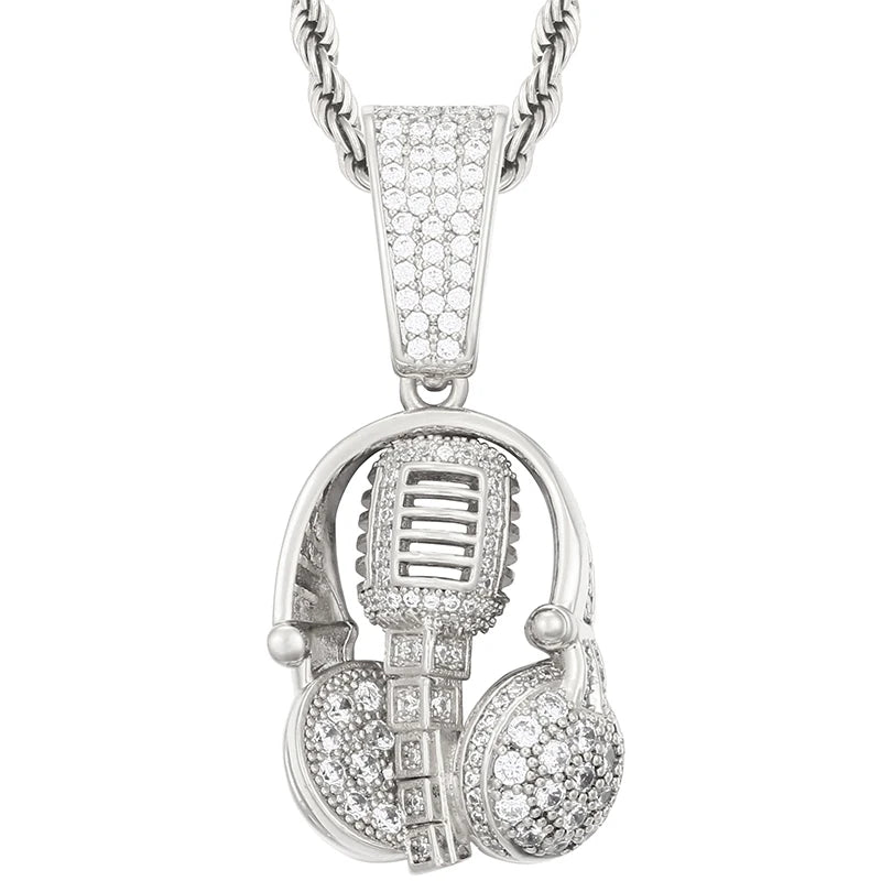 Iced Out Gold Plated Hip Hop Microphone Pendant Necklace for Music Lovers and Trendsetters White Gold