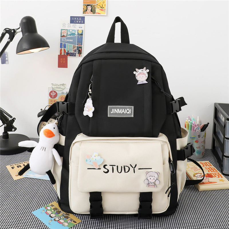 Campus Women's Fashion Canvas Backpack Black Bag And Pendant