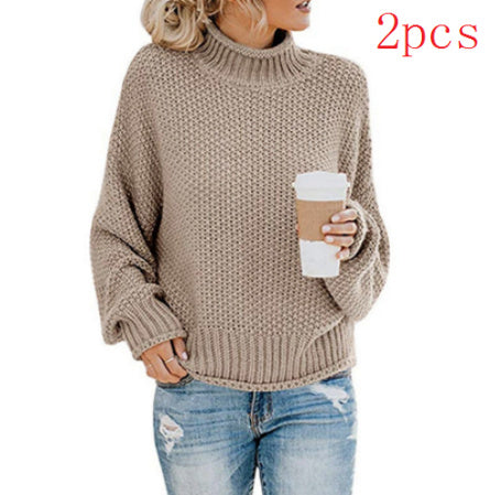 Cardigan Thick Thread Turtleneck Pullover Khaki 2PCS S