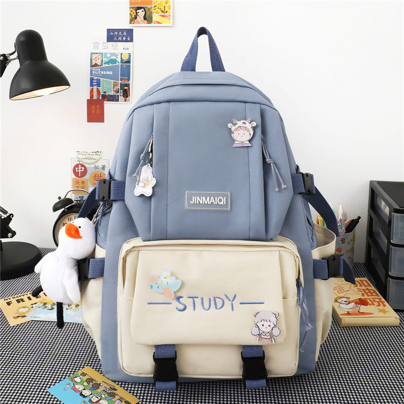 Campus Women's Fashion Canvas Backpack Blue Bag And Pendant