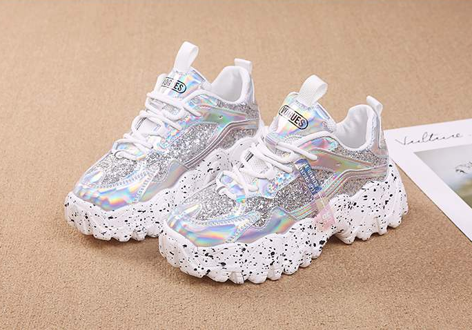 Fashion Casual Glitter Shiny Sneaker Platform Sneakers White