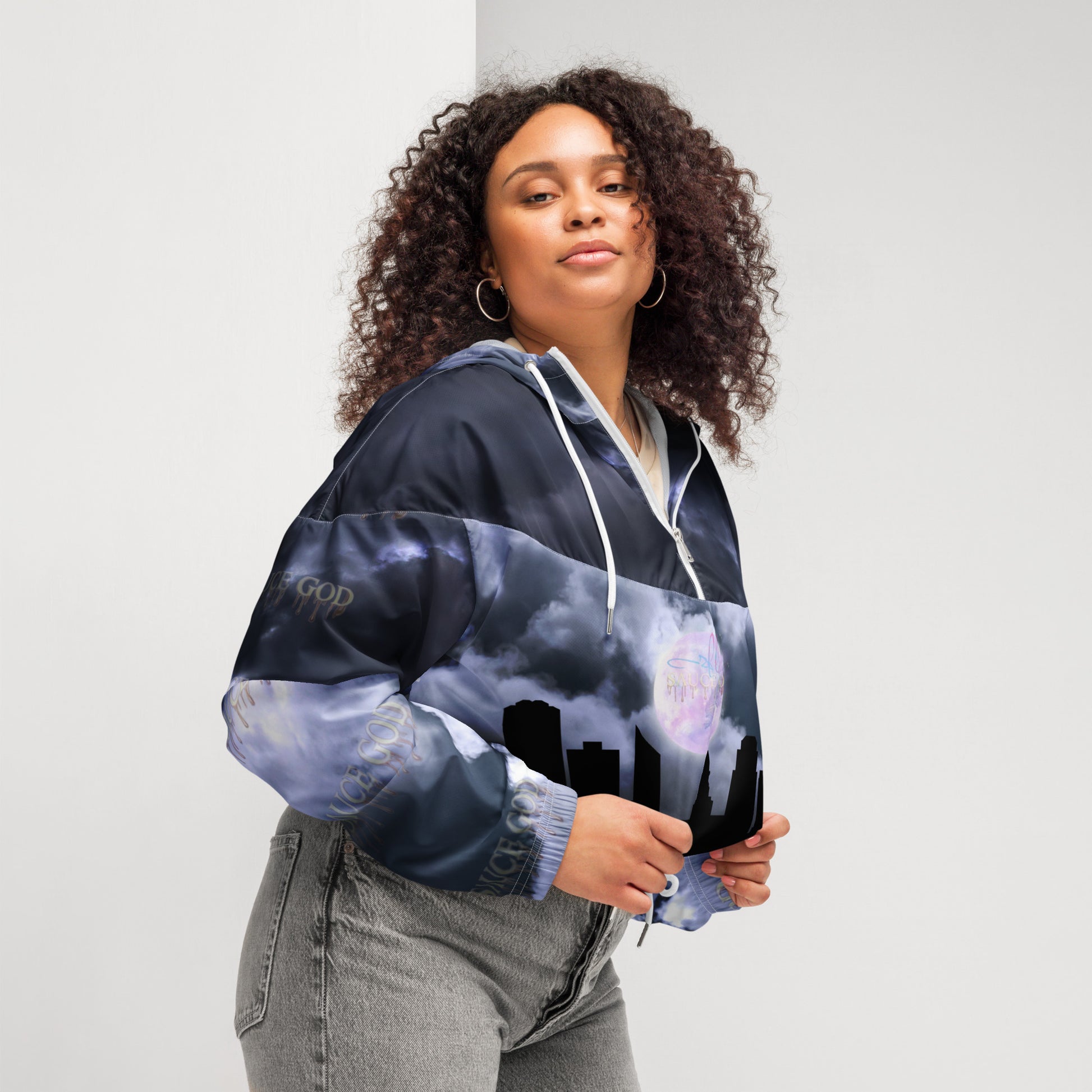 Dark Clouds SAUCE GOD Women's Cropped Windbreaker Edmonton Edition - Urban Fashion Women's Outerwear, Water-Resistant, Mesh Lining