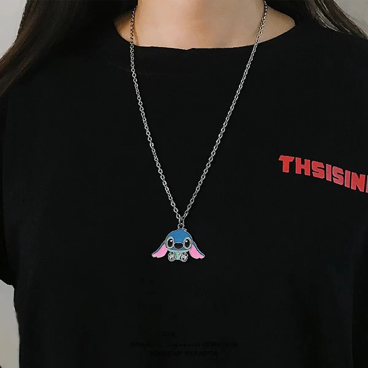 Disney Cute Big Ear Stitch Necklace - Personalized Hip Hop Pendant with Stylish Sweater Chain b