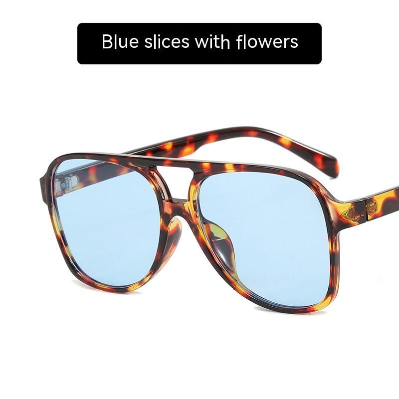 Women's Fashion Retro Double Beam Large Rim Sunglasses As Shown In The Picture Wrapped Flower Blue Lens