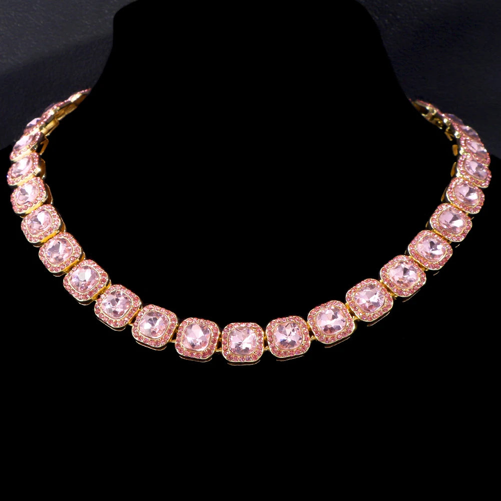 Iced Out Cuban Link Chain Necklace for Women with Crystal Rhinestone - Trendy Bohemian Style GD Pink Necklace