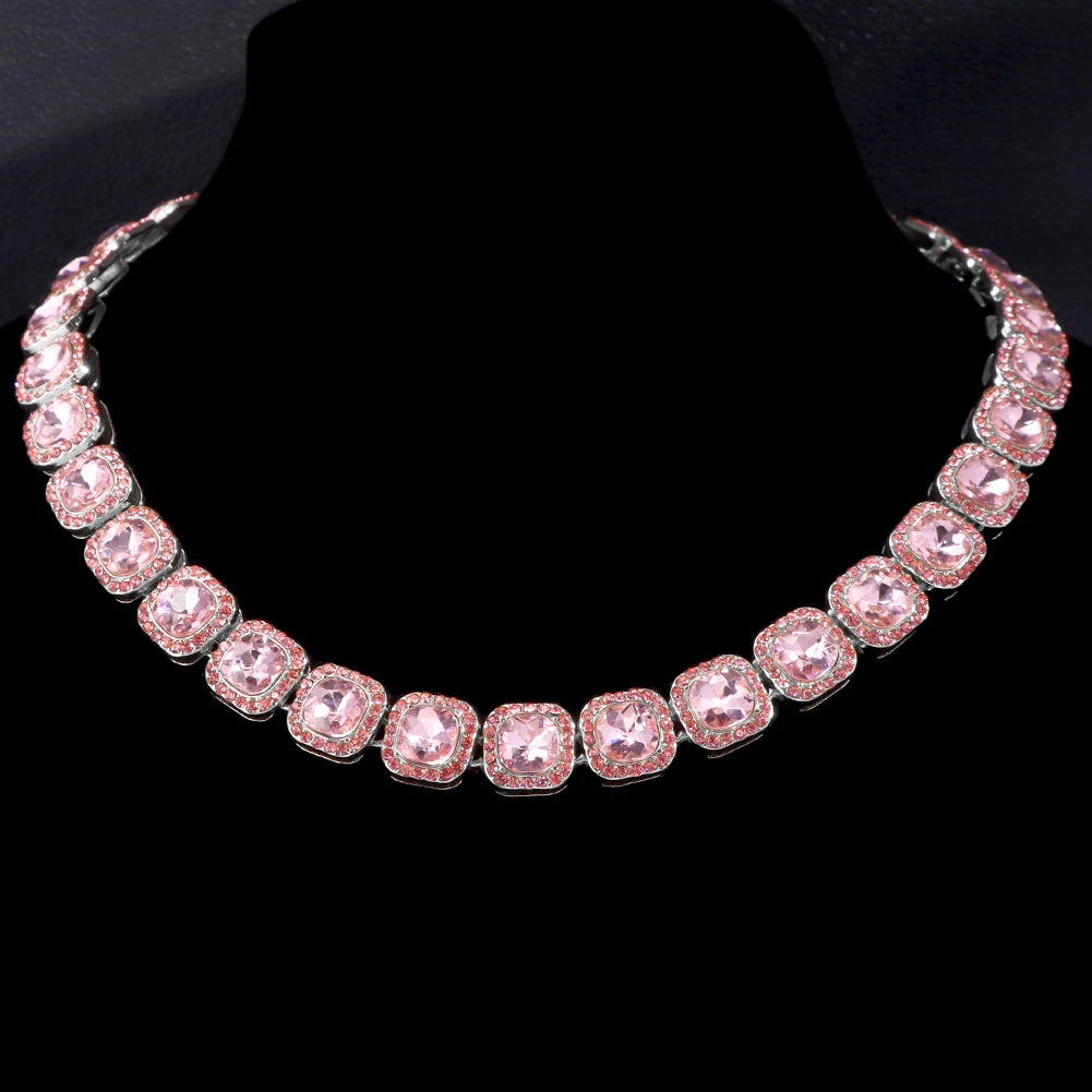 Iced Out Cuban Link Chain Necklace for Women with Crystal Rhinestone - Trendy Bohemian Style SL Pink Necklace