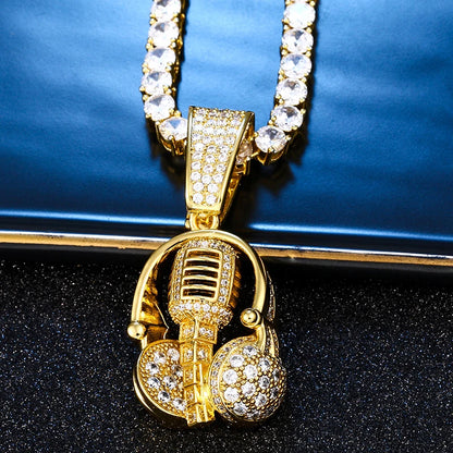 Iced Out Gold Plated Hip Hop Microphone Pendant Necklace for Music Lovers and Trendsetters